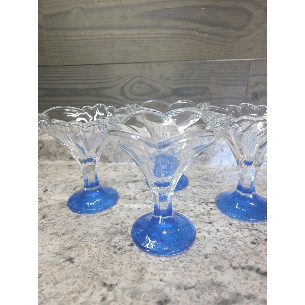 Set Of 4 Italian Blue Pedestal Glass Parfait Dessert 5.25” W X 5.5” H - Vintage